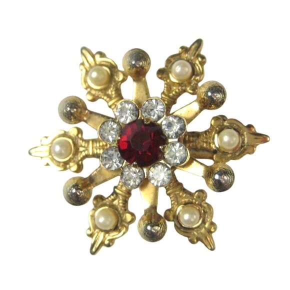 Faux Pearl Rhinestone MCM Brooch Pin Goldtone Vintage 1960 Snowflake Starburst - Picture 1 of 5